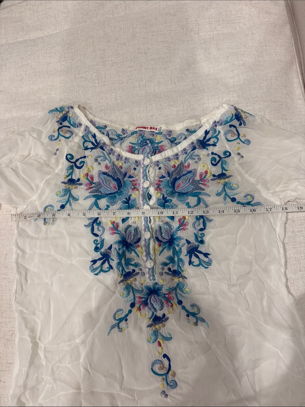 Johnny Was Cream Tunic with Blue and Teal Floral Embroidery - Picture 6 of 10